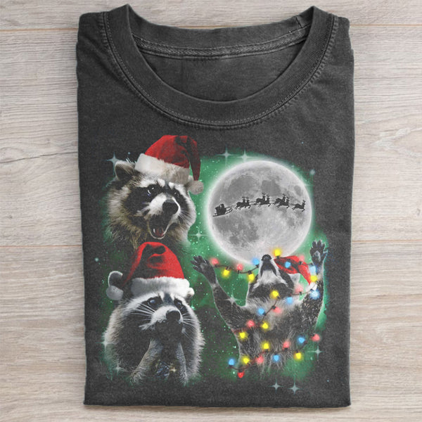 Three Raccoons With The Moon Christmas T-shirt