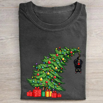 Black Cat Hanging From Christmas Tree T-shirt