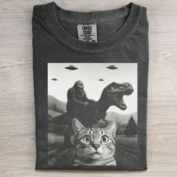 Cat Selfie With Bigfoot Riding T-Rex Ufo T-Shirt
