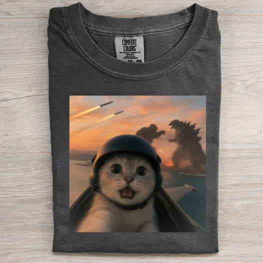 Pilot Cat And Godzilla Graphic T-Shirt