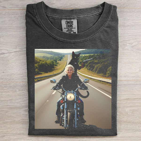 Granny Motor With Gun Cat T-Shirt