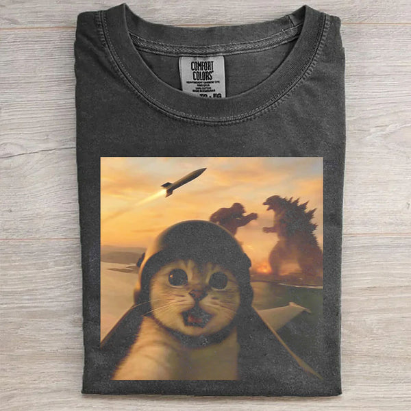 Pilot Cat And Godzilla Graphic T-Shirt