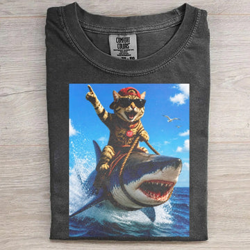 Cat Riding a Great White Shark Graphic Tee