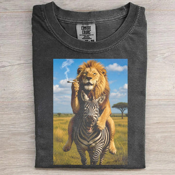 Smoking Lion on Zebra Graphic Tee