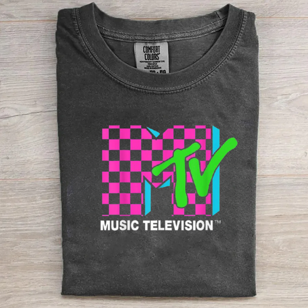 Music Television Retro 80's Neon Pink Checkerboard Logo T-Shirt